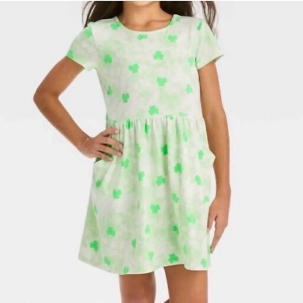 Cat & Jack Girls Green Shamrock Short  Sleeves Pocket Babydoll Style Dress Sz L